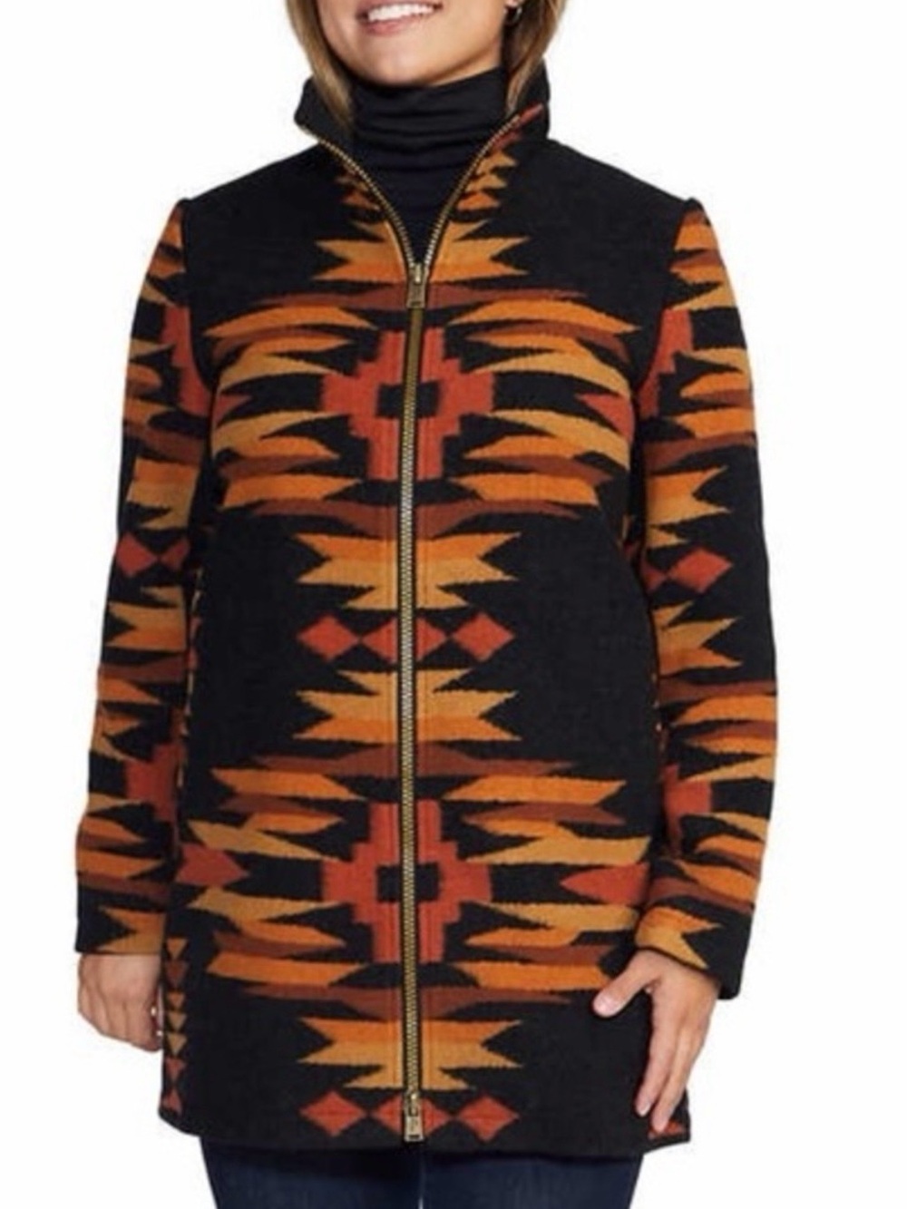 Pendleton Women's Black Aztec-Pattern Zip-Front Wool Coat size M.